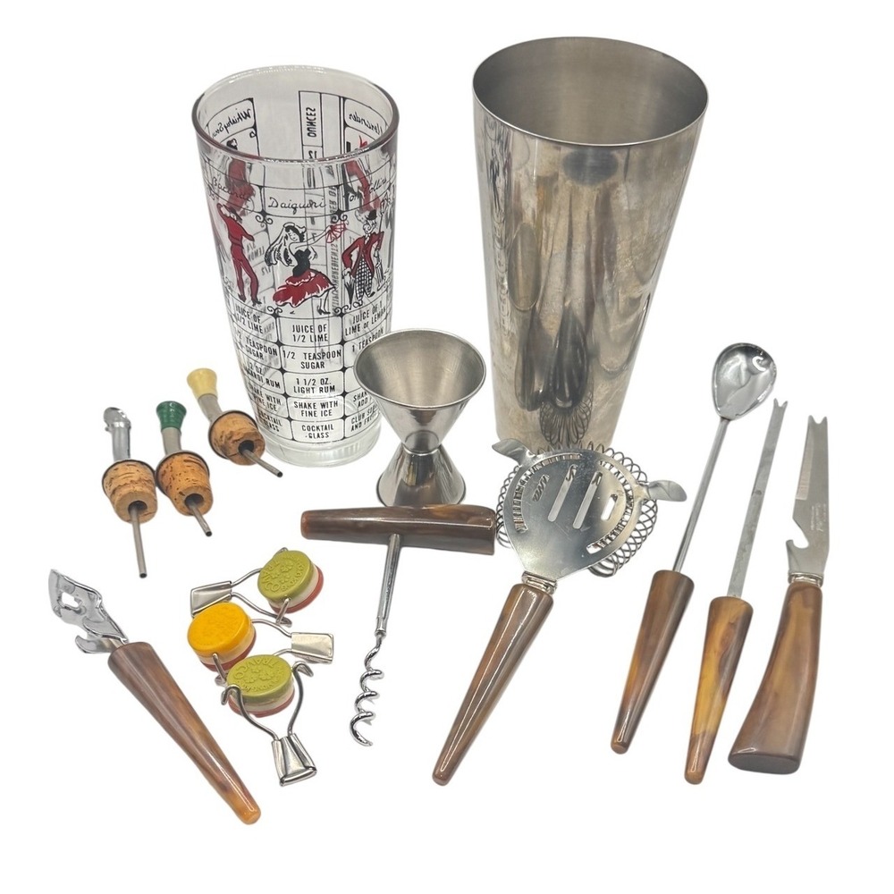 Vintage Sheffield MCM Barware Set Glass Shaker Amber Bakelite Tools 15pc